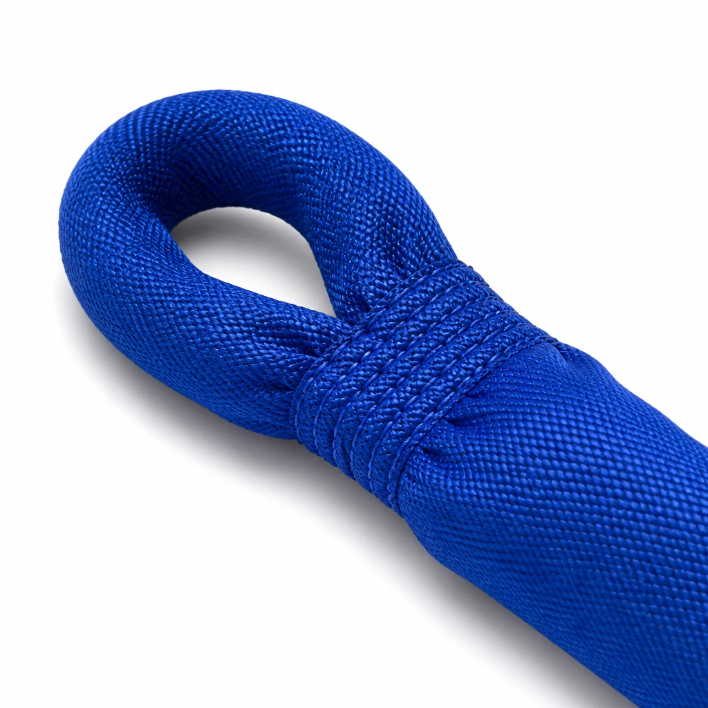 Macro view of the gathered and stitched eye of a round sling with dense stitch rows at the neck