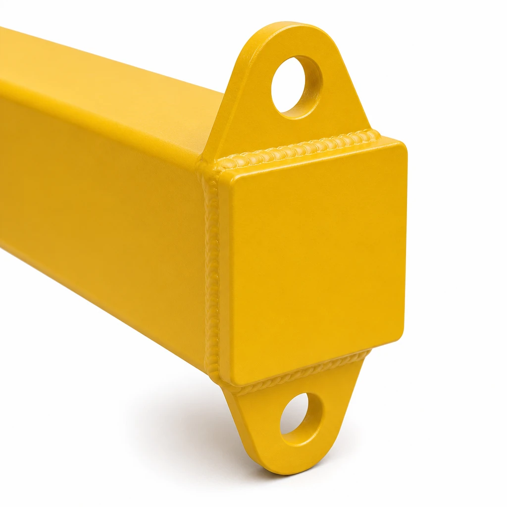 Close-up of a spreader beam end showing the top suspension lug, end cap and lower attachment lug