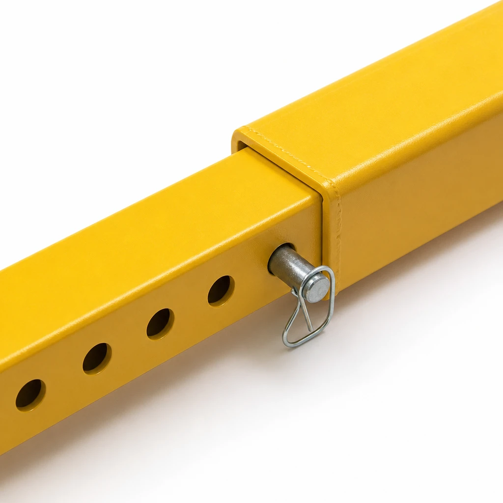 Steel pipe bundle lifted level by a yellow spreader beam with angled upper slings and vertical lower slings