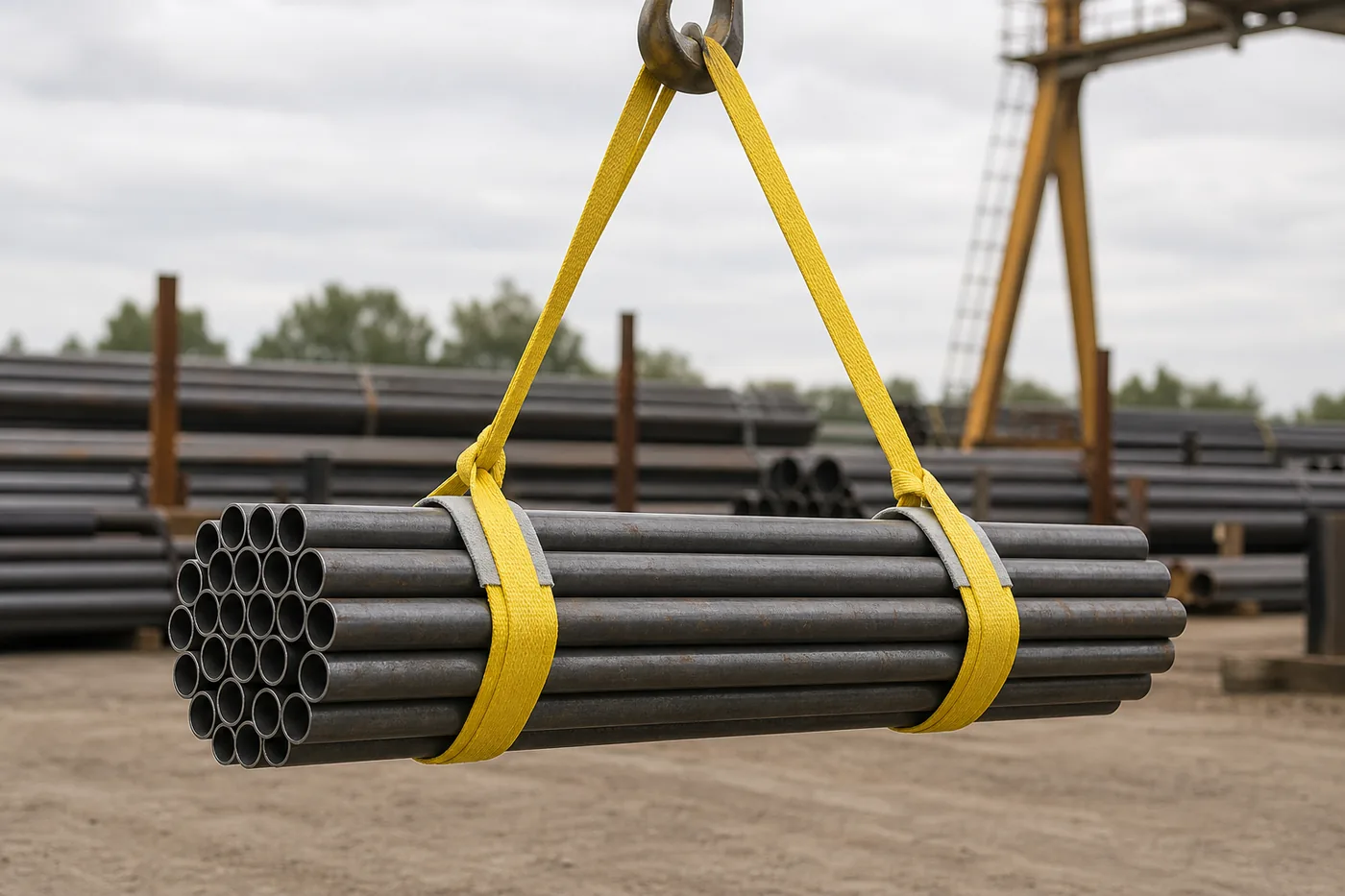 Two yellow flat woven pipe lifting straps in choke hitches holding a steel pipe bundle together