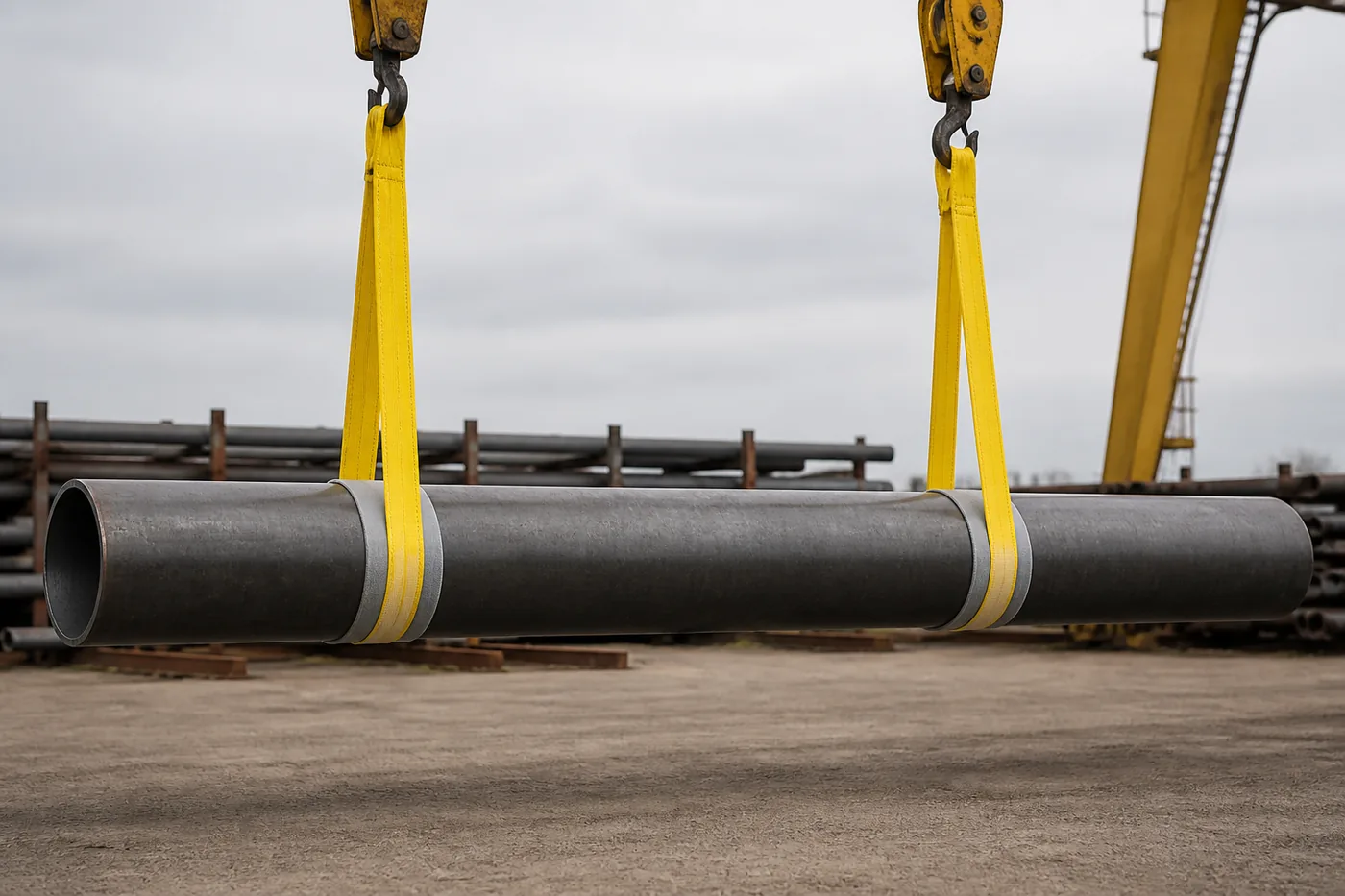 One long steel pipe carried level by two yellow flat woven pipe lifting straps at two pick positions