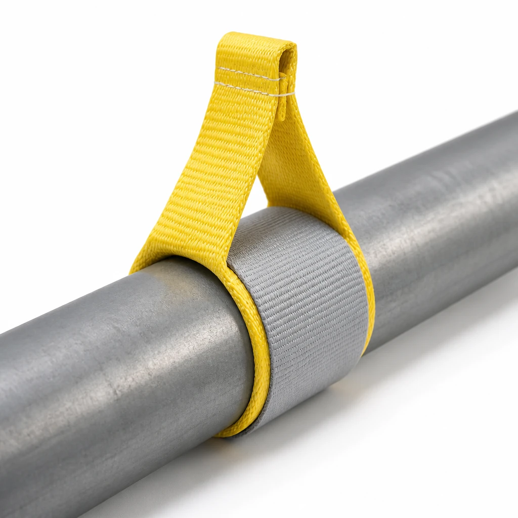 Yellow pipe lifting strap wrapped closely around a steel pipe with a grey protective sleeve at the bearing point