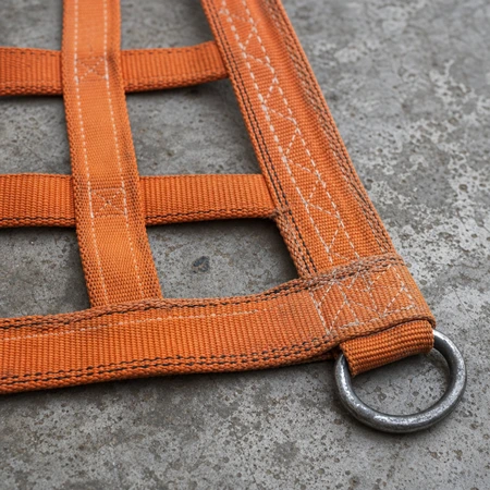 Corner detail — double-layer stitched border, reinforced corner loop and mesh between the bands.